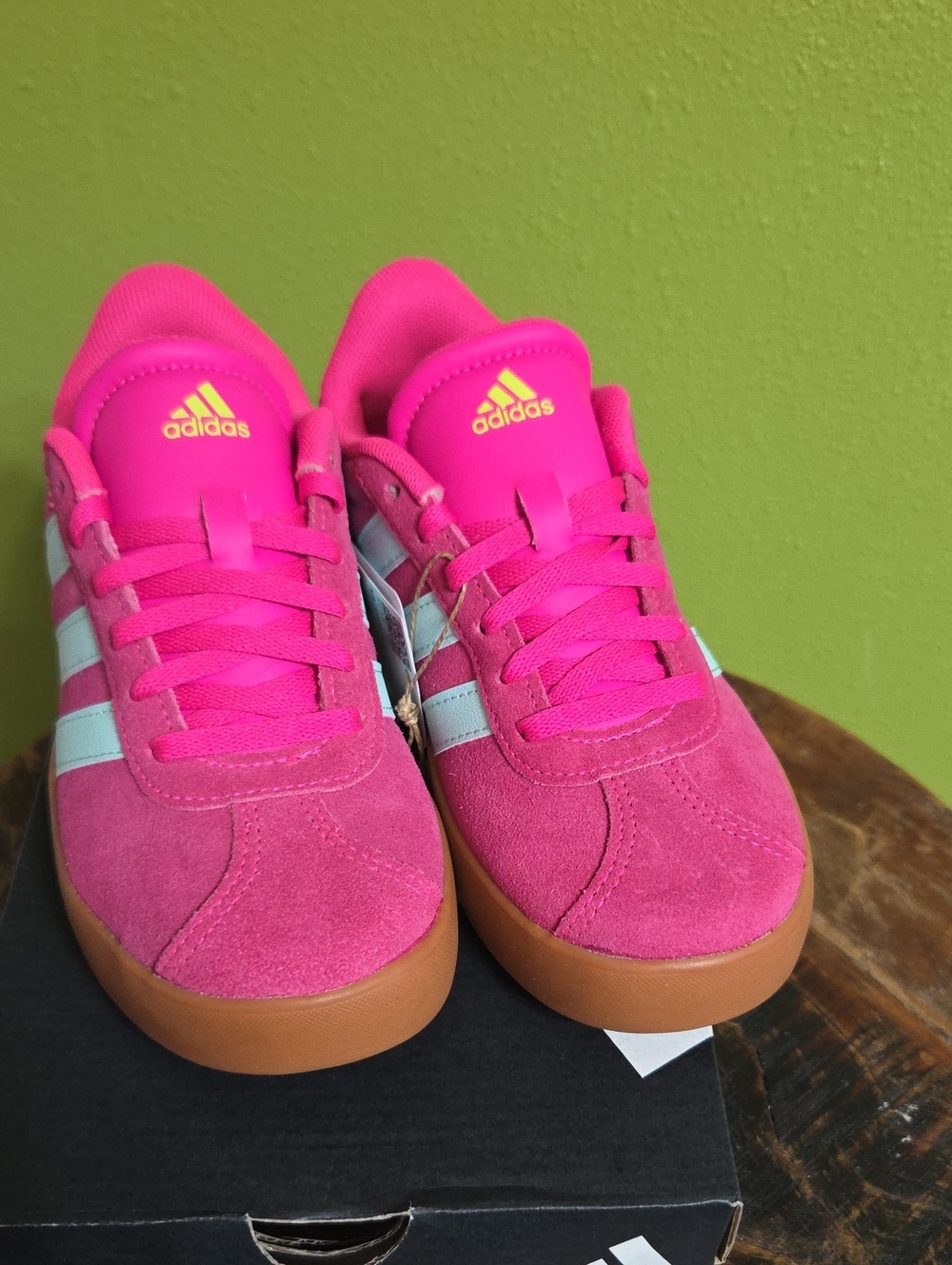 Girls Adidas Kids Hot Pink Suede Sneakers with Light Blue Stripes